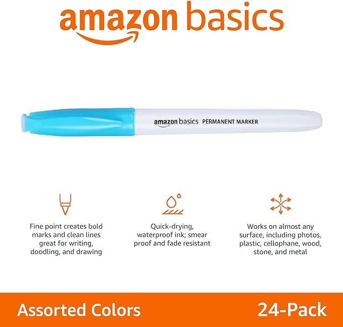 Amazon Basics Fine Tip Point Permanent Markers for Office, School, and Home Use, Assorted Colors, 24 Pack