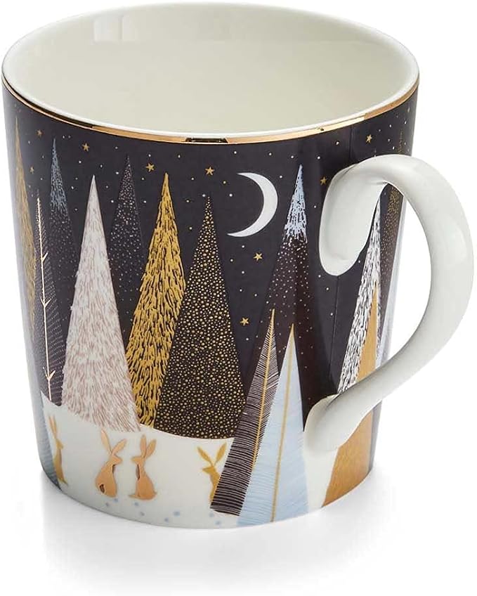 Portmeirion Sara Miller London Frosted Pines Christmas Mug | 12 Oz Cup for Drinking Tea, Coffee, and Hot Cocoa | Set of 4 Mugs Made from Fine China with Gold Detail | Handwash Only