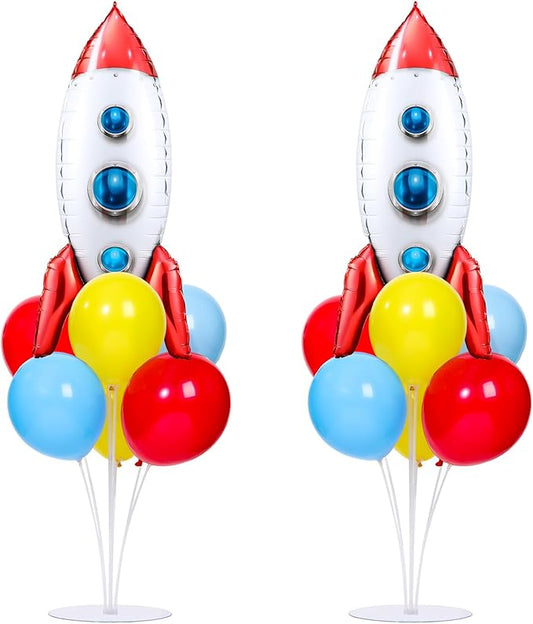 Toy Inspired Themed Party Story Balloons Stand Kit 2 Sets With 2 Rocket Foil Balloons Toy Themed Red Blue Yellow Balloon Centerpiece for Tables for Boys Birthday Baby Shower Cartoon Party Decorations