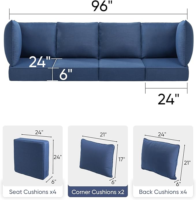 Luxury 24x24x6 Outdoor Chair Cushions Set of 4 - Water-Repellent 10-Piece Cushion Set for Outside Wicker Loveseat Chair Sectional L-Shape Sofa Patio Conversation Sets - Navy Blue/Classic