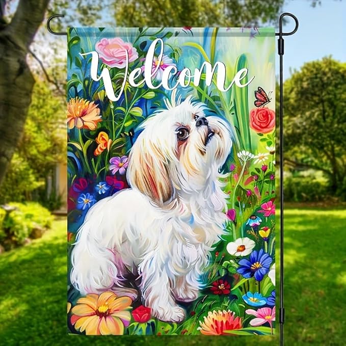 HOMETITUTE Shih Tzu Garden Flag 12x18 Double Sided Welcome Yard Flag Outdoor Farmhouse Decor Colorful Floral Butterfly Puppy for Front Porch Patio Lawn Pathway Spring Summer Home Decoration