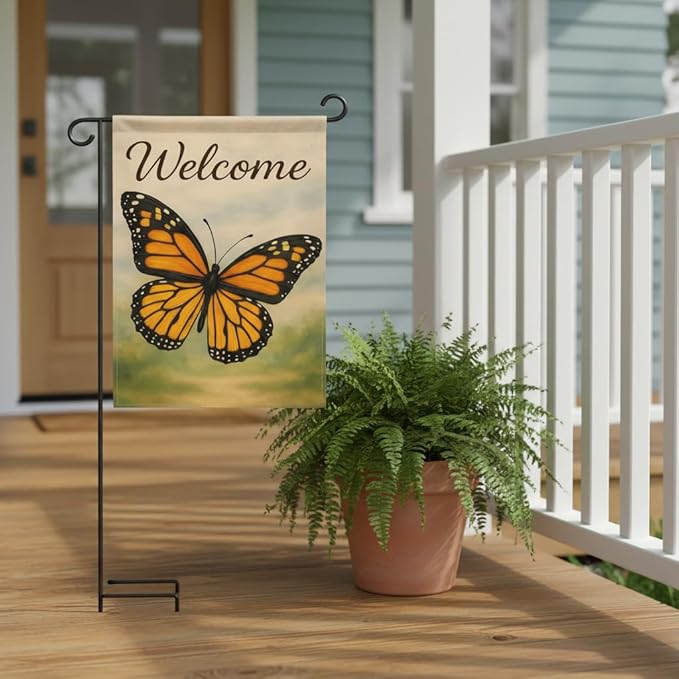FLAGMEUP8386 Welcome Monarch Butterfly Garden Flag 12x18 Inch Double-Sided Polyester Yard Banner with Bright Wings, Outdoor Decorative Flag for Garden, Patio, Porch, Families, Seasonal Celebrations