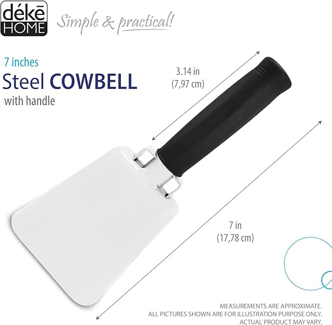 Deke Home - 2 Pack 7 Inch Steel Cowbells with Handle, Loud Noise Makers for Football, Sports, Parties, Competitions, School Spirit & Safety, Large Hand Bell for Cheering & Percussion Instrument
