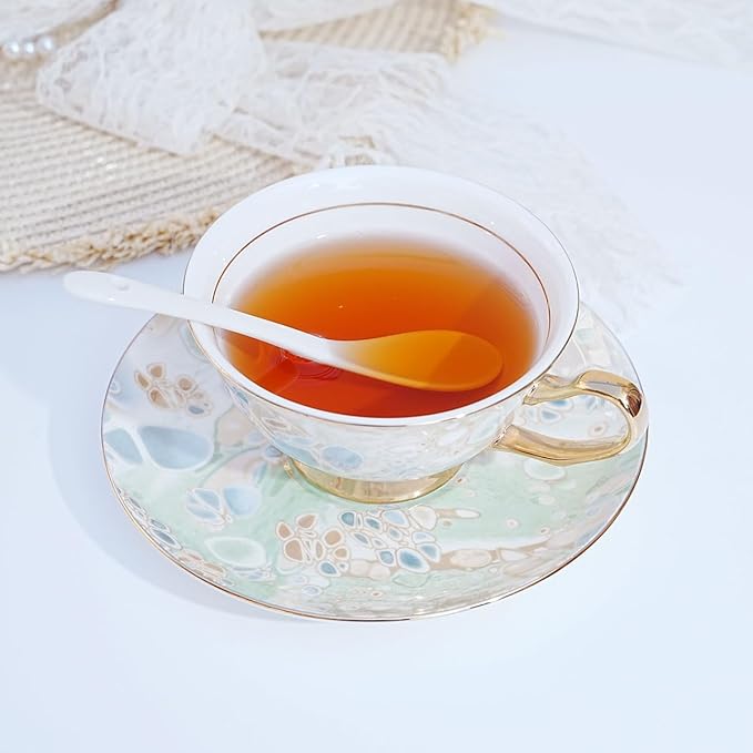 Bone China Tea Cup and Saucer Set with Spoon，Elegant Floral Tea Cup Set (7 oz)，British Coffee Latte Mug for Mother's Day Gifts