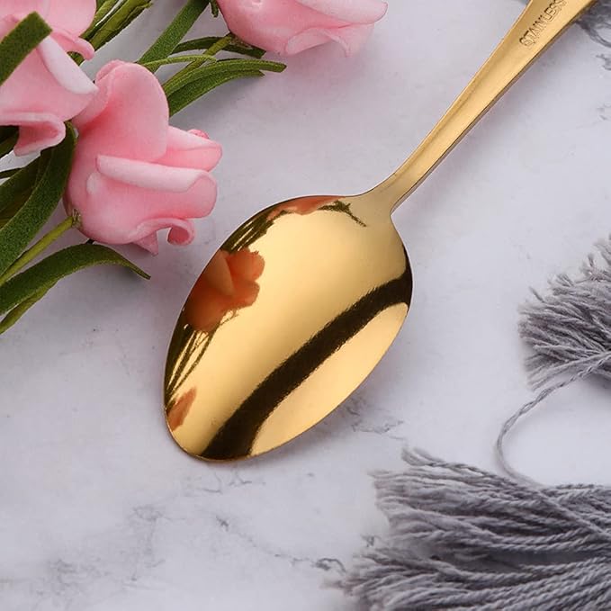 Gold Unique Pattern Design Coffee Espresso Spoons Mini, Mingcheng Stainless Steel Small Teaspoons Silverware Set of 12, BISDARUN 5.5 Inches Food Spoons for Demitasse Dessert Tea