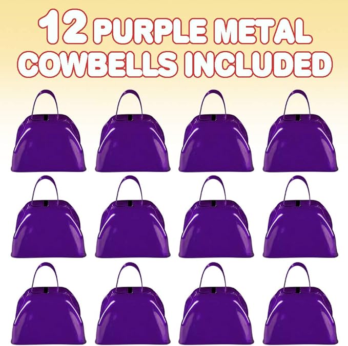 ArtCreativity 3 Inch Purple Metal Cowbell Noisemakers - Pack of 12 - Loud Metal Cowbell Noise Makers with Handles, Great for Football Games, Sporting Events, New Year’s Eve, for Kids and Adults