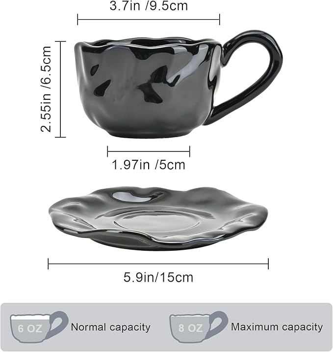 Ceramic Espresso Cups with Saucers 6 oz,Coffe Cups for Cappuccino,Latte,Tea with Saucers Set of 4 - Flods - Black