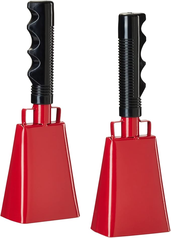BLUE PANDA Cow Bell Noise Maker - 9-Inch Red, 2 Pack - Cow Bells for Sporting Events & Cheer - Sport Cowbell with Handle