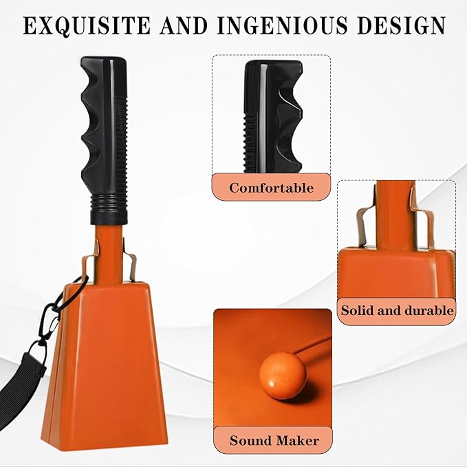 10inch Metal Cowbells with Handle, 1Pcs Cow Bells with Wrist Strap for Sporting Events, Football Games, Party, Concert, Graduations, Farm Ranch, Orange