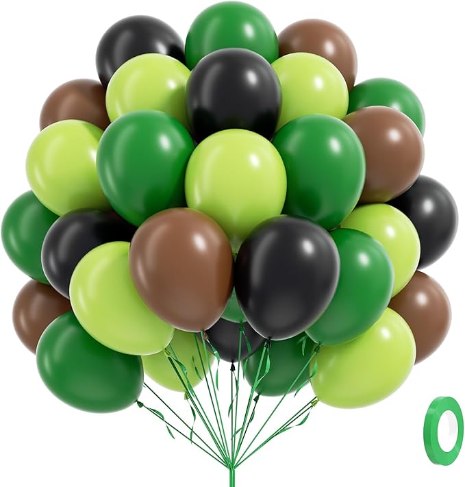 60pcs Green and Brown Balloons 12inch with Brown Black Dark Lime Green Balloons for Jungle Video Game Theme Baby Shower Birthday Party Decorations
