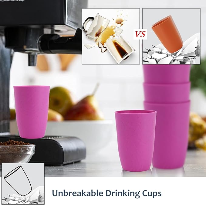 Homienly Wheat Straw Cups - 6 PCS Reusable Unbreakable Drinking Cups - Alternative Plastic Cups - Stackable Water Tumblers - Dishwasher Safe Water Glasses (16 OZ, Pink)