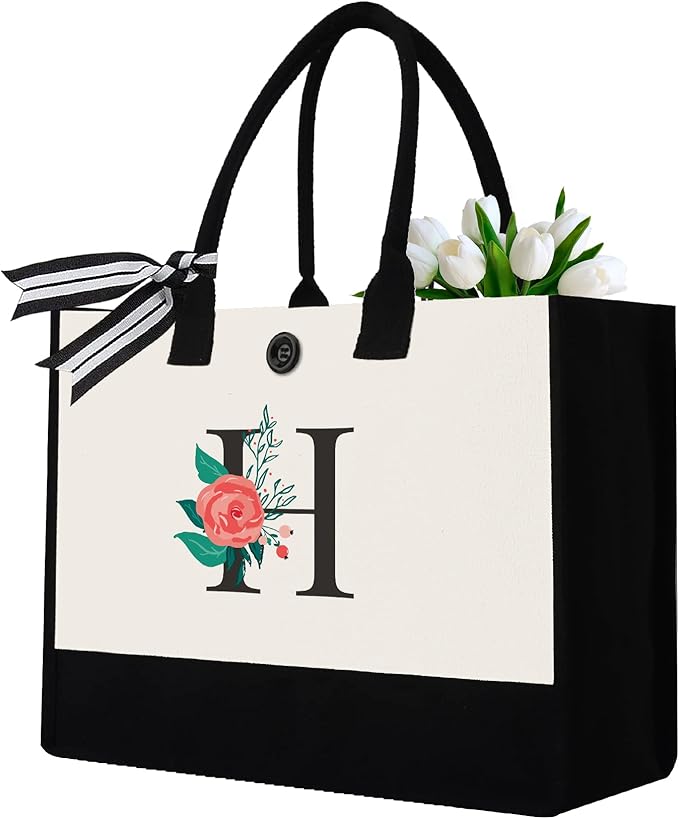Initial Canvas Tote Bag, Personalized Birthday Gifts for Women Mom Friends Teachers, Monogrammed Tote Bags Suitable for Mother's Day Wedding Beach (Letter H)
