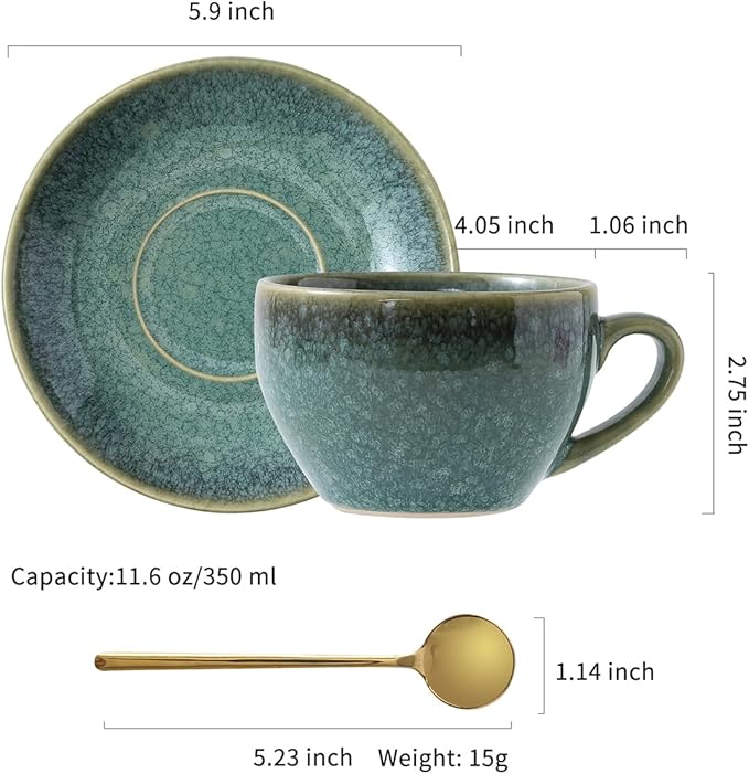 Porcelain Coffee Cup with Saucer Spoon, Vintage Design Ceramic Latte Art Cappuccino Barista Espresso Tea Cup with Saucer (11.6 oz, 350ml, Crystal Green)