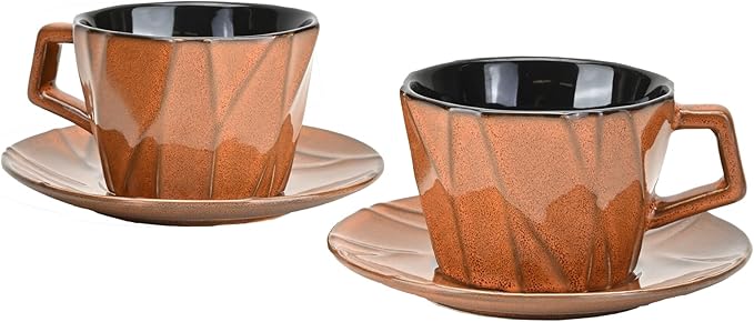 Ceramic Espresso Cups with Saucers 6 oz,Coffe Cups for Cappuccino,Latte,Tea with Saucers Set of 2 - Geometry - Brown