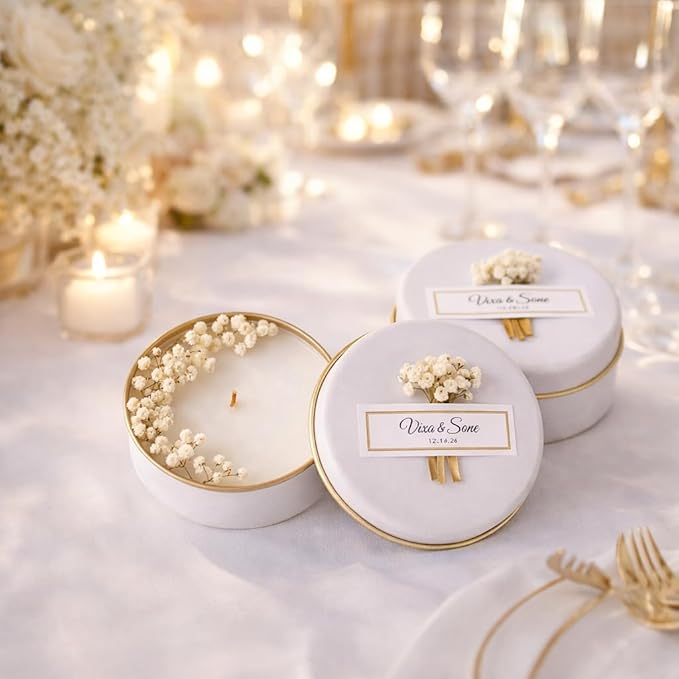 Personalized Natural Soy Wax Wedding Favor Candle Gift Set for Guest - Fall Winter Christmas Custom Dried Flower Bridal Baby Shower Gifts in Bulk (30 Pieces, Blue Flower)