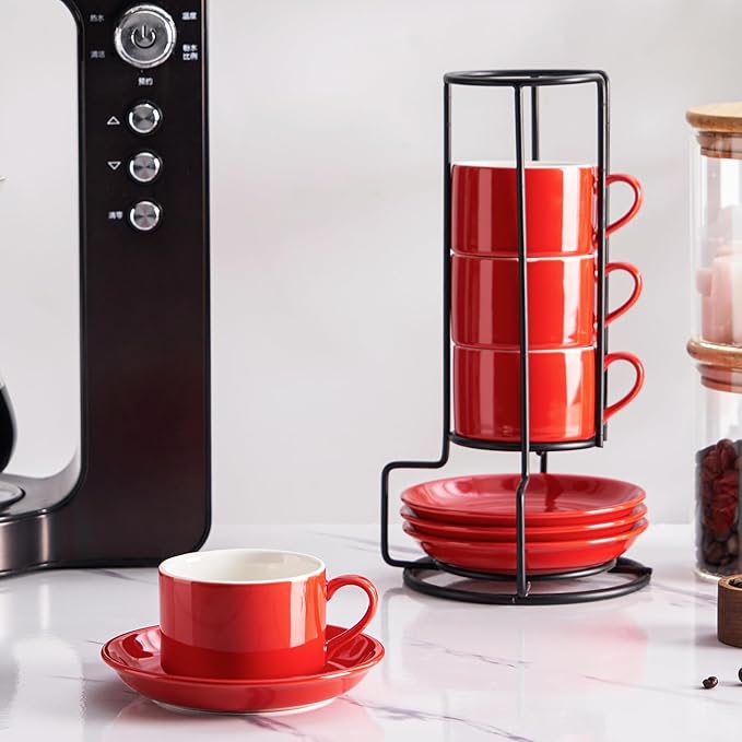 4oz Porcelain Stackable Espresso Cups with Saucers and Metal Stand Set of 4, Stackable Espresso Cups Set of 4, Red Expresso Shots Cup Set for Coffee Drinks, Cappuccino Latte, Americano, Tea