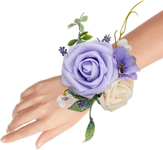 Set of 2 Wrist Corsage Wristlet for Wedding Bridesmaid Mother Grandmother for Bridal Shower Wedding Artificial Roses Flower Prom (Purple)