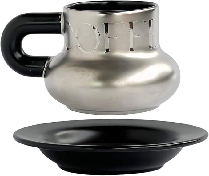 Volcanic Ash Titanium Finish Coffee Mug and Saucer Set (8 oz) | Modern Sculptural Ceramic Cup for Espresso & Latte | Unique Artisanal Home Decor & Desk Art