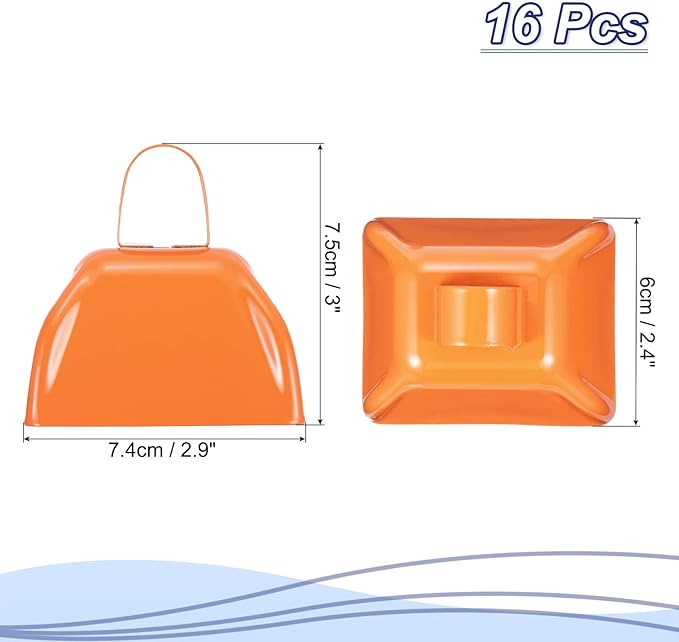 PATIKIL 16pcs Cow Bells for Football Games, 3inch Cowbells for Sporting Events Bulk Loud Noise Makers Metal Cow Bell with Handle for Cheering Competition Marathon Wedding, Orange