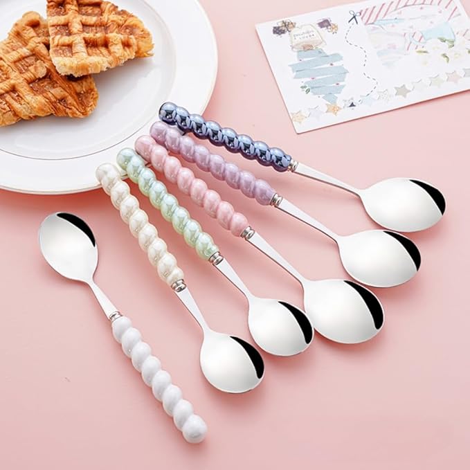 (6 Pieces) 7.48 Inch Exquisite Ceramic Spoon Household Stainless Steel Eating and Drinking Soup Spoon Coffee Spoon Tea Spoon (Mixed)