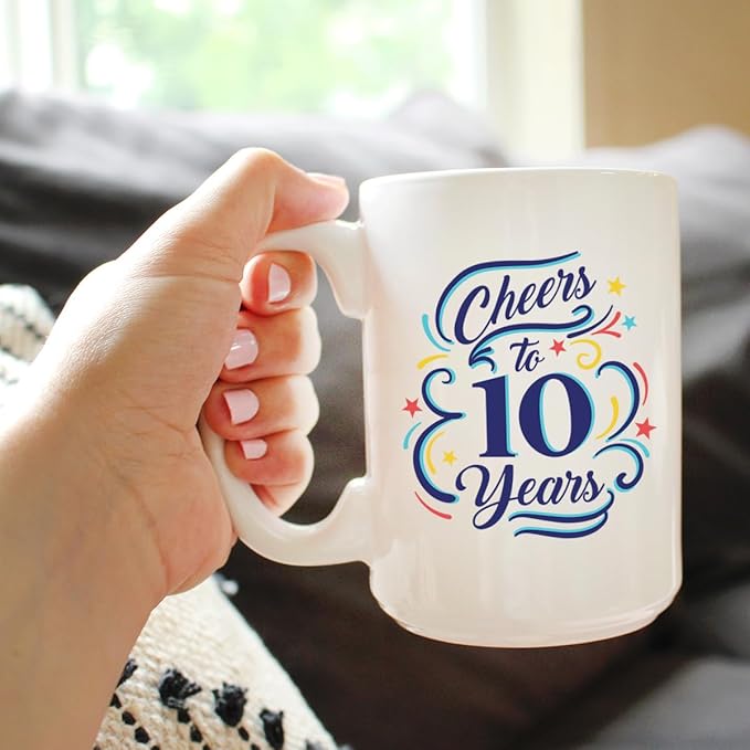 Bevvee Cheers to 10 Years - Coffee Mug Gifts for Women & Men - 10th Anniversary Party Decor - Large 15oz White Ceramic Mug