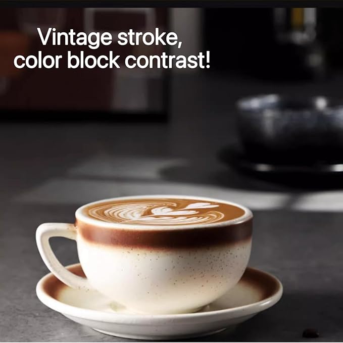 Ceramic Latte Mug, 10.82oz Barista Cup with Saucer, 7mm Thickened Rim Ceramic Cappuccino Cup, Vintage Latte Art Mug for Home & Café (Mocha)
