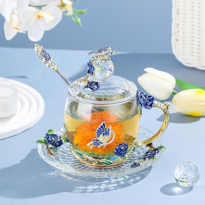 Glass Coffee Mug Birthday Christmas Gift for Women Mom Sister Girlfriend Coworker Flower Butterfly Tea Cup Antique Coffee Mug with Lid Spoon Saucer(Tall Blue)