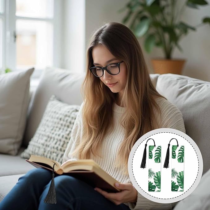 Tropical Leaves Bookmarks Set 5 with Tassels Summer Palm Green Leaf Wooden Bookmarks for Reading Women Men Students Teachers School Supplies