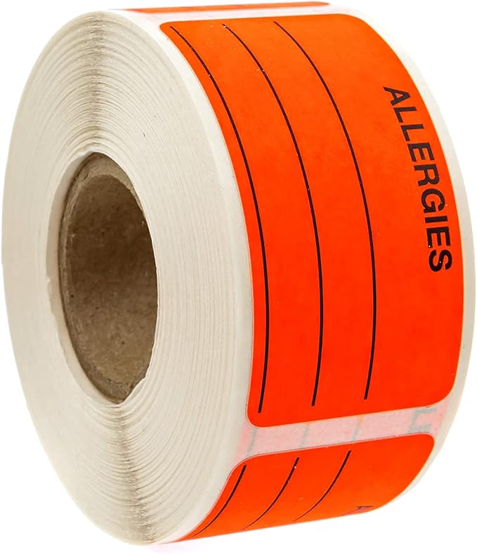 Allergies Sticker with Dispenser Box / 250 Allergy Stickers/Fluorescent Red Warning 1.125" x 2.25" Label
