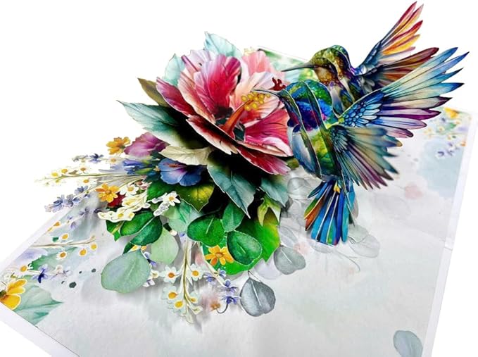 CUTPOPUP Birthday Card Pop Up, 3D Birthday Greeting Card, Mother's Day for Women, Mom, Wife, Grandma, Daughter (Hibicus Flower & Hummingbird Couple)