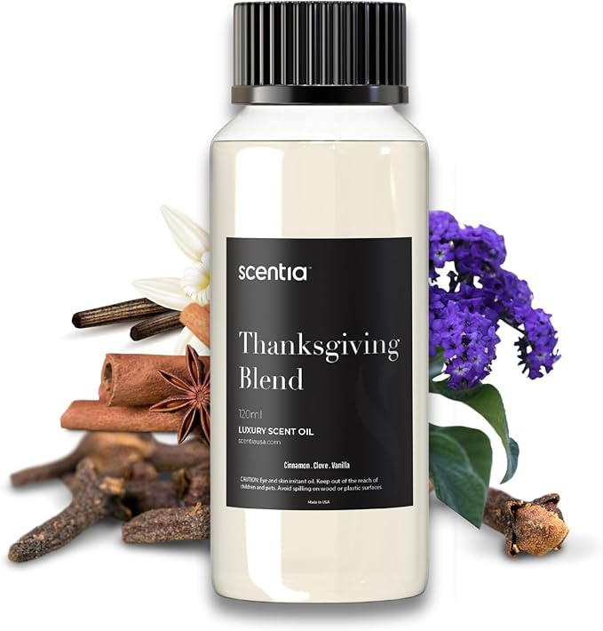 Scentia Thanksgiving Blend Essential Oil – 120ml Premium Holiday Diffuser Oil with Cinnamon, Clove, Vanilla & Coconut | Cozy Fall Aromatherapy for Home, Candles, Soaps & Gifts