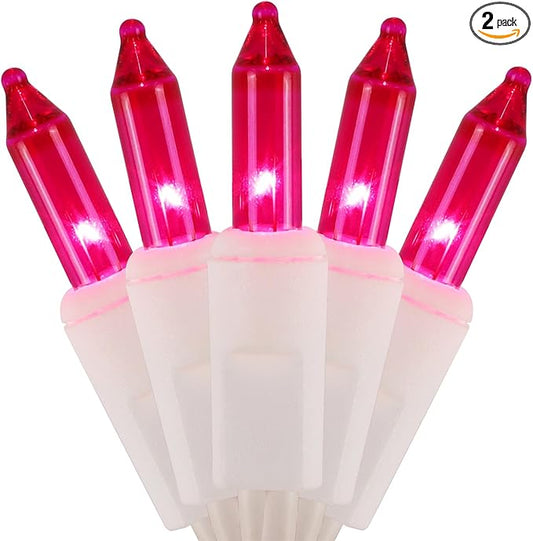 WATERGLIDE 2 Pack Valentine's String Lights, 50 Count 11.5FT White Wire Mini Incandescent Christmas Fairy Light, UL Certified for Patio Wreath Garland Garden Easter Holiday Outdoor Indoor Decor, Pink