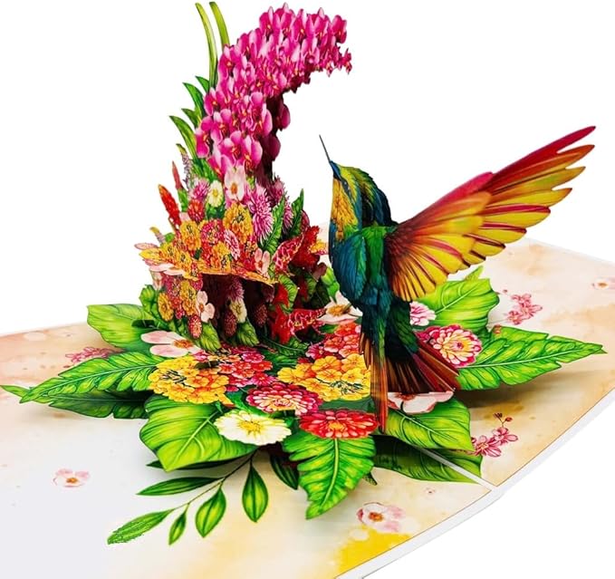 3D Pop Up Greeting Card – Colorful Hummingbird with Floral Garden – Unique Card for Birthday, Mother’s Day, Anniversary & Special Occasions, F62