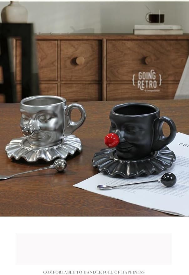 Tea Cups and Saucers, Ceramic Coffee Cup Set 8.5oz, Porcelain Tea Set Face artistic clown cup Design for Lover Gift & Home Decor-White