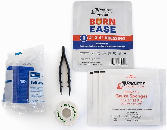 ProStat First Aid Deluxe Home Emergency First Aid Bag – Compact 8" x 8" x 7" Red First Aid Kit with Gauze Pads, ABD Pads, Burn Dressing, Eye Wash & Infrared Forehead Thermometer - 104 Pieces