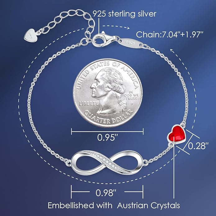 CDE Infinity Heart Birthstone Charm Link Bracelet for Women 925 Sterling Silver Adjustable Mother's Day Christmas Day Gift Anniversary Birthday Jewelry for Wife Girlfriend Her