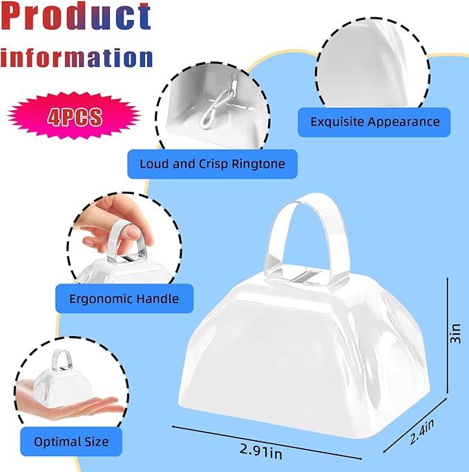 Cow Bells Noise Makers for Sporting Events, 4PCS Metal Cowbells with Handle - Small Loud Bell Bulk Hand Percussion Noisemakers for Football Games Graduation Sporting Events Weddings (White)