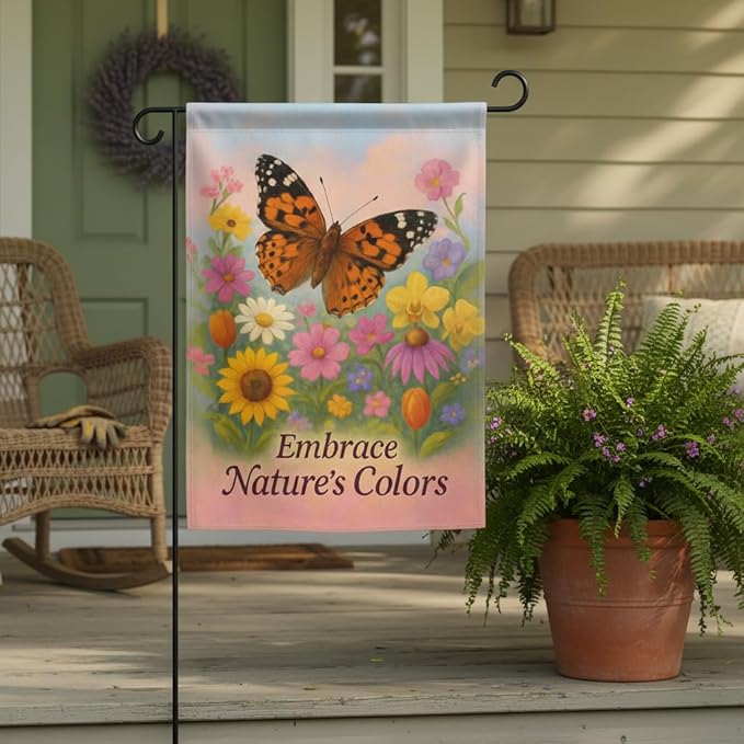 FLAGMEUP8386 Welcome Butterfly Garden Flag 12x18 Inch Double-Sided Polyester Fall Flag with Monarch and Painted Lady on Wildflowers, “Embrace Nature’s Colors Quote Autumn Outdoor Decoration
