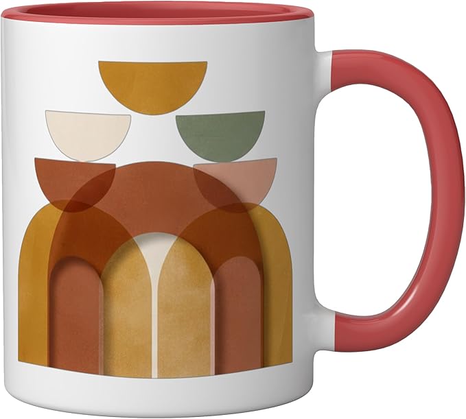 Mid-Century Modern Abstract Landscape Earthy Boho Arches Ceramic Mug, Red/White