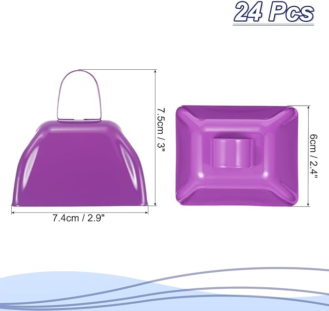 PATIKIL 24pcs Cow Bells for Football Games,3in Cowbells for Sporting Events Bulk Loud Noise Makers Metal Cow Bell with Handle for Cheering Competition Marathon Wedding, Blue Purple