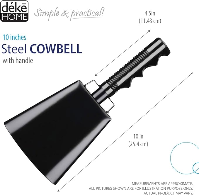 Deke Home - 2 Pack 10 Inch Steel Cowbells with Handle, Loud Noise Makers for Football, Sports, Parties, Competitions, School Spirit & Safety, Large Hand Bell for Cheering & Percussion Instrument