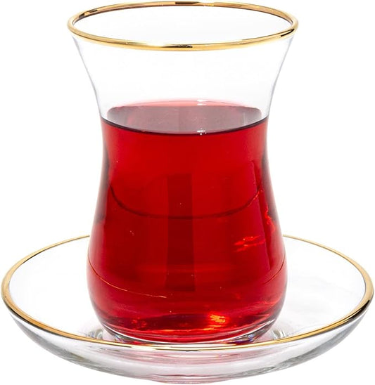 Vikko Turkish Tea Glasses & Saucers, Set, 6 Cups and 6 Plates, 5.5 Oz Tea Cups, Turkish Glass Tea Set For Six, Clear Glass Tea Cups And Saucers, Gold Accented