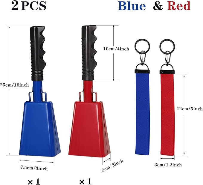 10Inch Cowbells Set with Handle for Sporting Events, 2Pcs Large Cow Bells with Wrist Straps, Loud Noise Makers for Football Games Spirit Marathon Weddings Party Noisemakers, Red & Blue