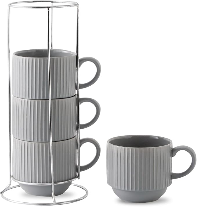 Hasense Coffee Mugs Set, Stacking Tea Cups Set of 4 with Holder - 15 oz Large Ceramic Ribbed Latte Cup Set for Cappuccino, Tea, Hot Cocoa, Drinks - Dishwasher & Microwave Safe, Grey