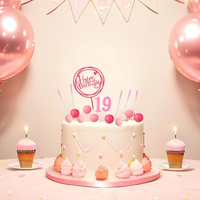 Yerliker 34 Pcs Happy Birthday Cake Toppers Decorations Birthday Candles DIY Cake Decor for Men Women Wedding Anniversary(Hot Pink)