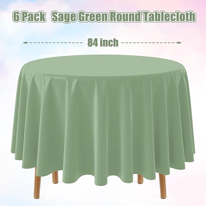 6Pack Sage Green Plastic Tablecloths Round Light Green Tablecloth Waterproof Disposable Round Sage Table Cover for Birthday Bridal Wedding Baby Shower Party Decorations,84Inch
