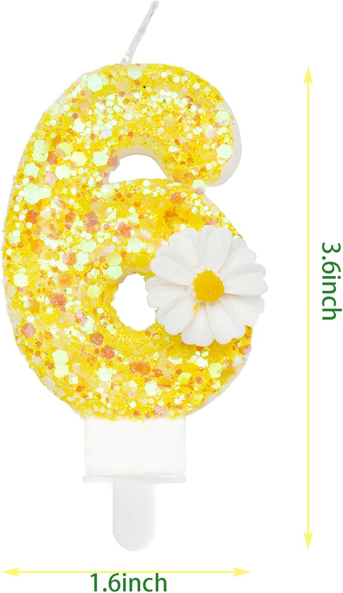 Birthday Candle 6, Yellow Flower Number 6 Candle for Cake Theme Party Supplies