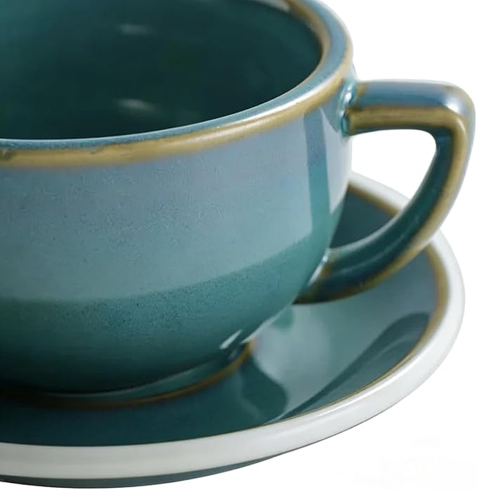 Ceramic Latte Mug, 10.82oz Barista Cup with Saucer, 7mm Thickened Rim Ceramic Cappuccino Cup, Vintage Latte Art Mug for Home & Café (Kiln Transmutation Cyan)