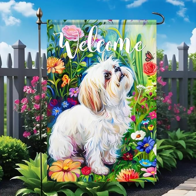 HOMETITUTE Shih Tzu Garden Flag 12x18 Double Sided Welcome Yard Flag Outdoor Farmhouse Decor Colorful Floral Butterfly Puppy for Front Porch Patio Lawn Pathway Spring Summer Home Decoration