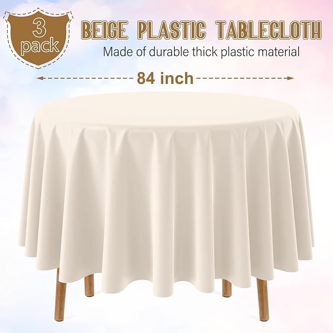 3Pcs 84Inch Beige Tablecloths for Round Tables,Disposable Plastic Ivory Table Cloth,Waterproof Cream Table Cover for Birthdays Weddings Anniversary Party Decorations